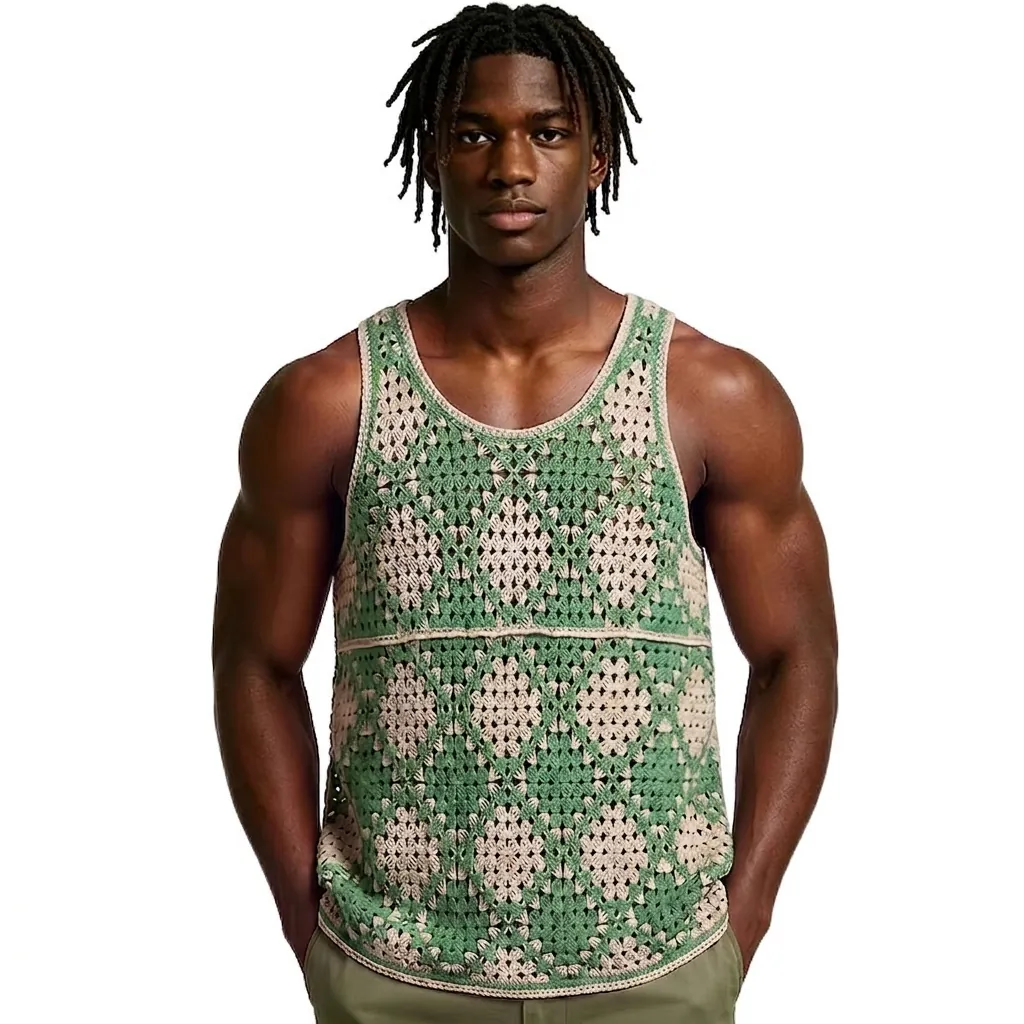 Men Retro Argyle Hollow Out Crochet Knit Vest Sleeveless V-Neck Color Block Casual Streetwear Acrylic Sweater Top For Men