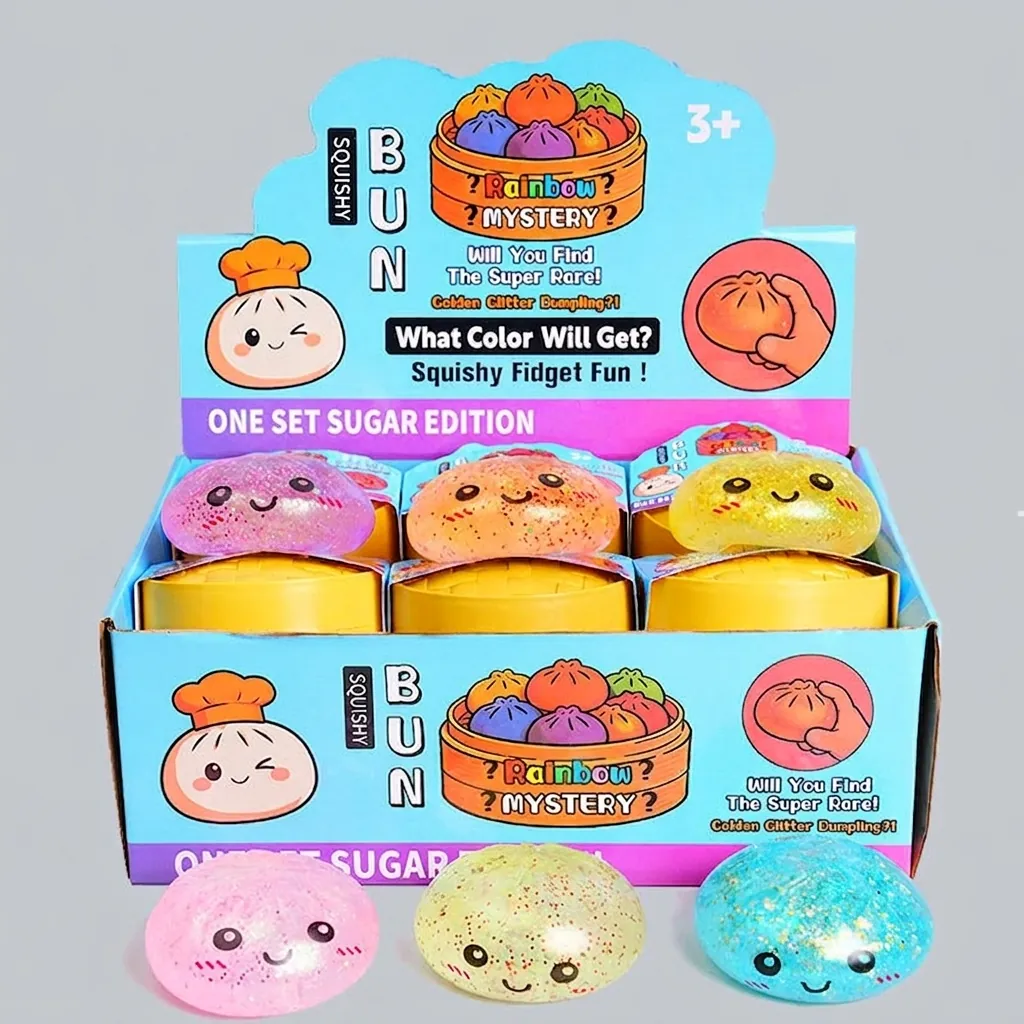 Squishy Bun Stress Relief Toy with Mini Steamer Maltose Gold Powder Fidget Toy for Party Favors Kids Adults Cartoon Character
