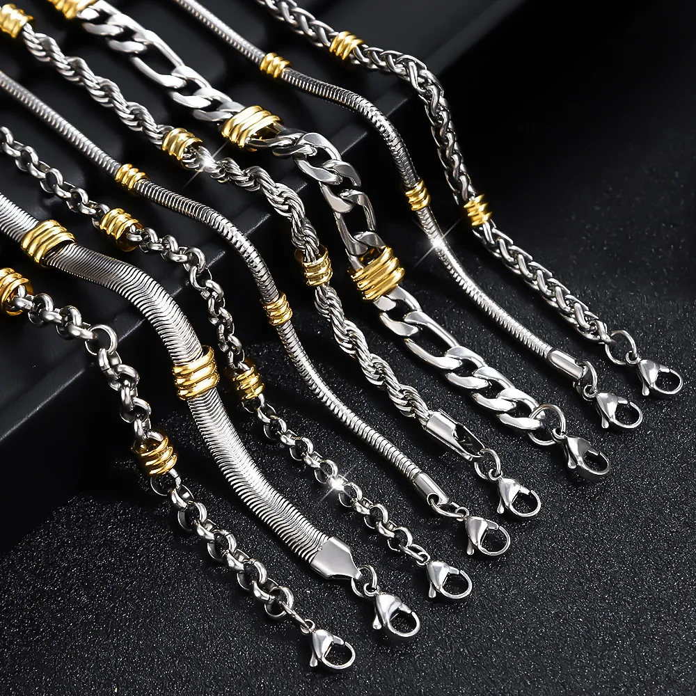 Hip Hop Men Stainless Steel Bracelet Silver Gold Beads Twist Snake Figaro Chain Link Bracelet For Men Personal Minimalist Jewelry Gift