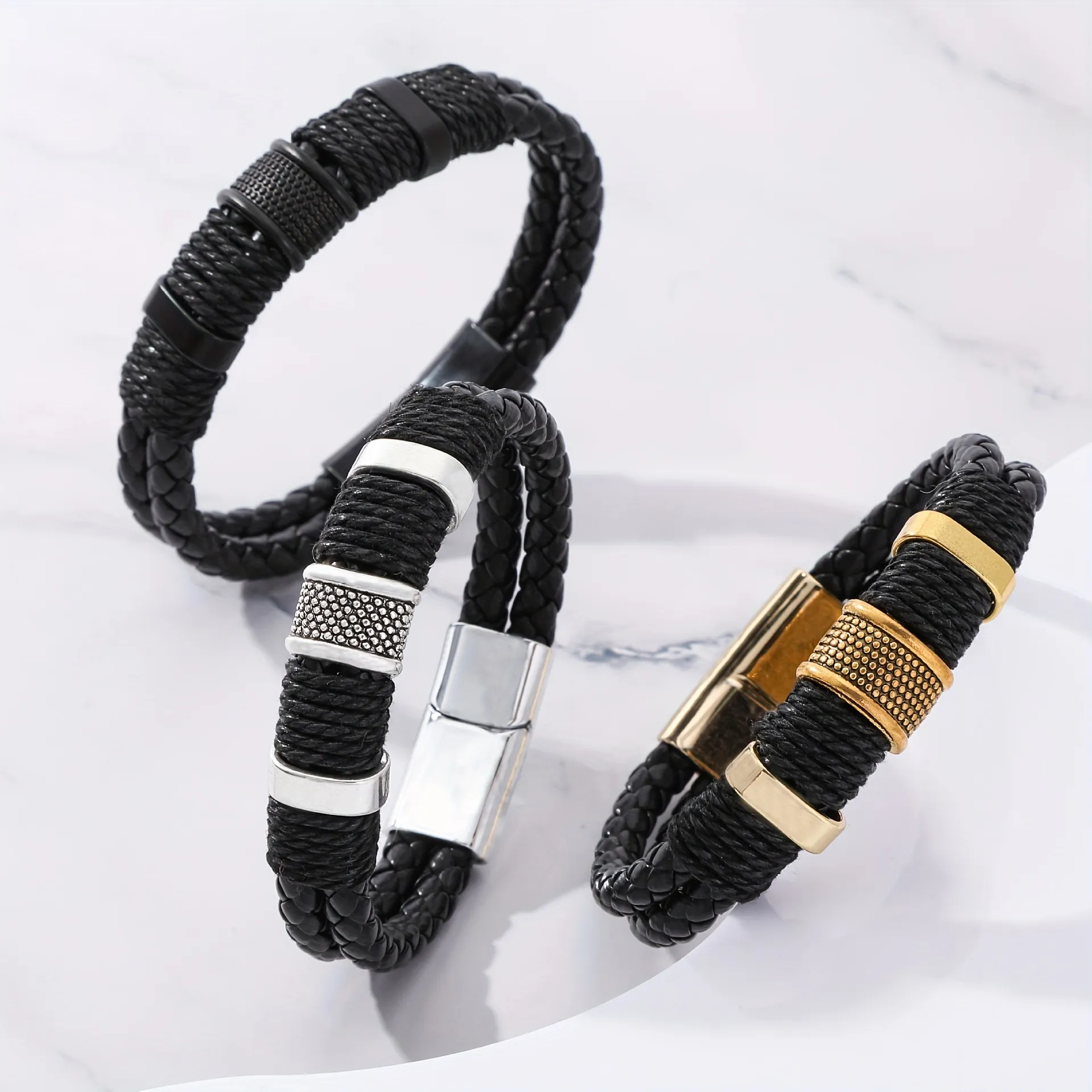 Men's Woven Rope Bracelet With Magnetic Clasp Stainless Steel Metal Accents Vintage Ethnic Style Handmade Daily Jewelry Gift