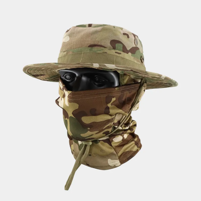 Taktisches Camouflage Boonie Hat Set Mit Netz-Sturmhaube Polyester Outdoor Angeln Sonnenschutz Atmungsaktiv Weite Krempe Fischerhut Für Herren