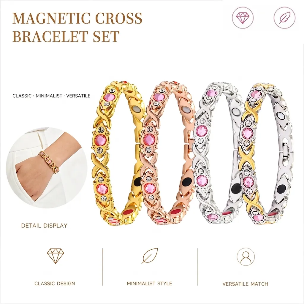 Women's Magnetic Therapy Energy Bracelet Alloy Rhinestone Cross XO Link Health Jewelry Fashion Adjustable Inlaid Bangle Gift