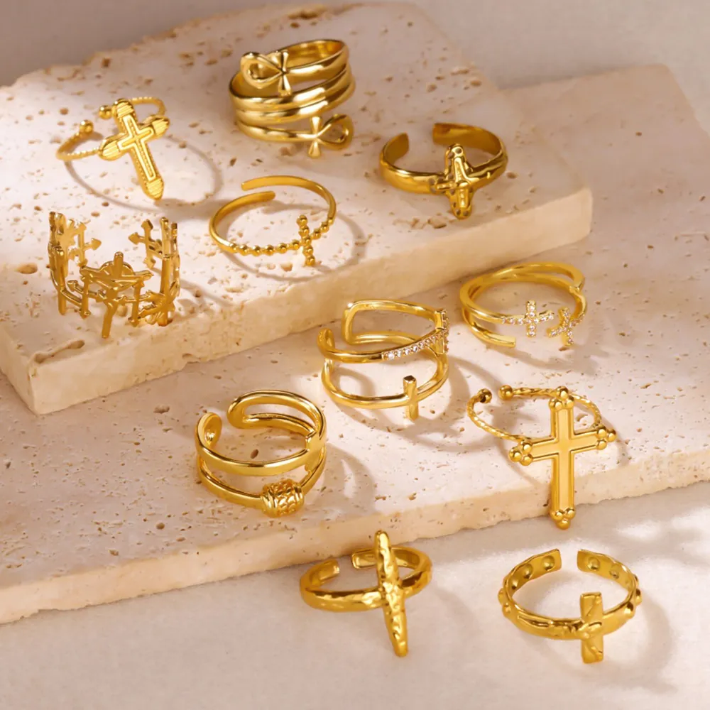 18K Gold Plated Stainless Steel Open Ring Zirconia Rhinestone Cross Ankh Star Adjustable Finger Ring For Women Light Luxury Jewelry