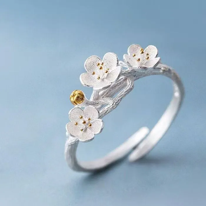 Vintage Silver Color Plum Blossom Open Ring For Women Artistic Branch Texture Floral Adjustable Finger Ring Jewelry