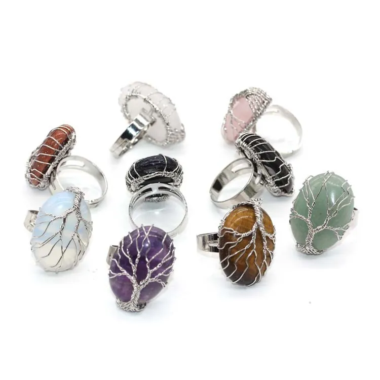 Western Vintage Tree Of Life Wire Wrapped Adjustable Ring For Women Men Natural Stone Oval Gemstone Copper Silver Plated Jewelry