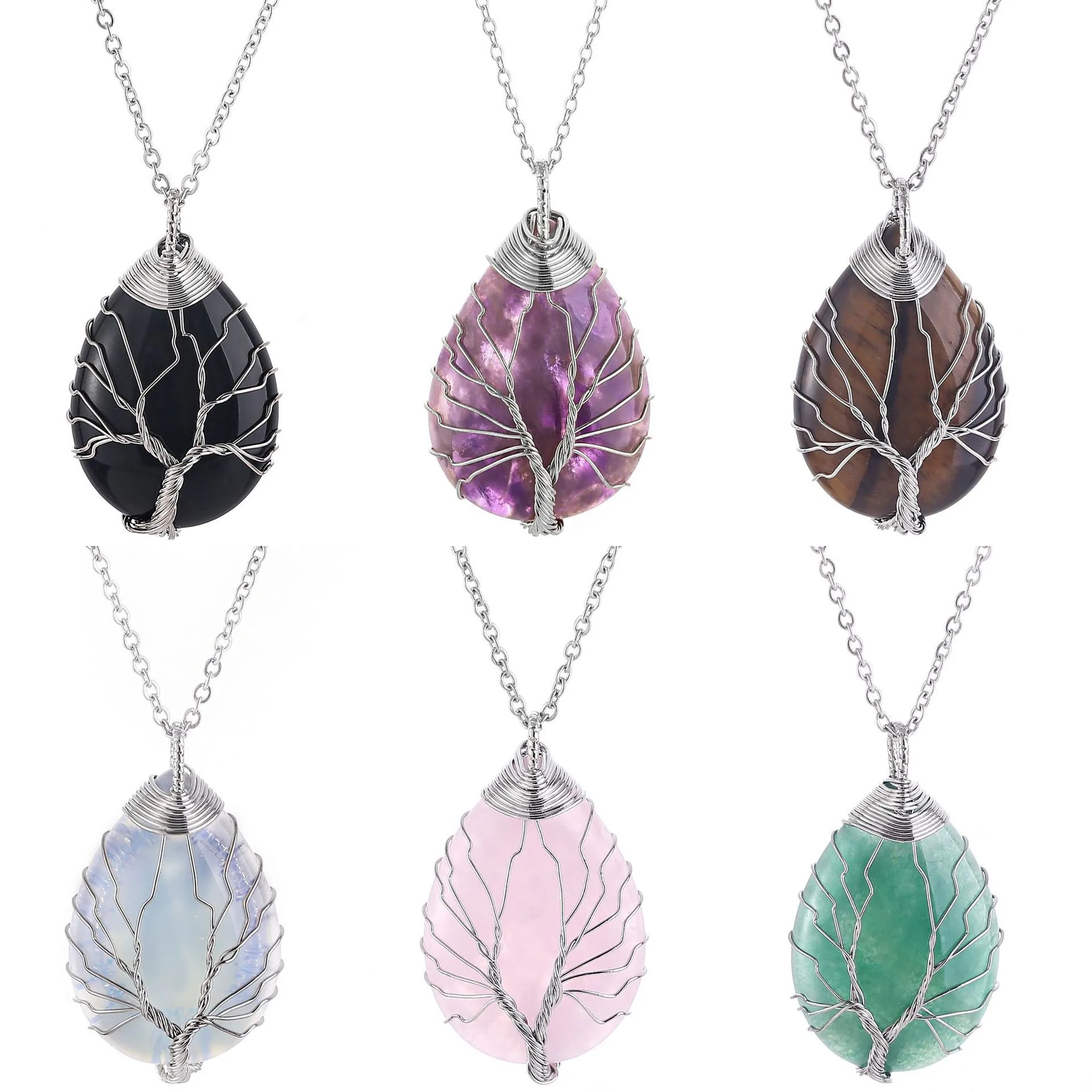 Tree of Life Wire Wrapped Teardrop Natural Stone Pendant Necklace For Women Vintage Amethyst Rose Quartz Jewelry Gift