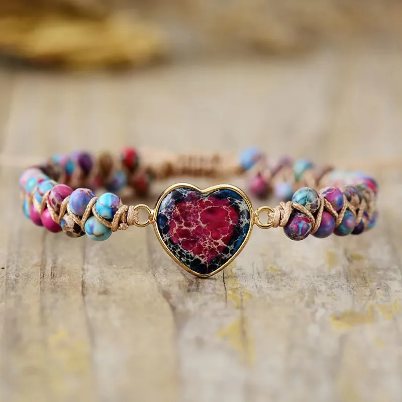 Bracelet Tissé à la Main Cœur en Pierre Impériale Bohême Double Couche Réglable Bijoux Ethniques Cadeau