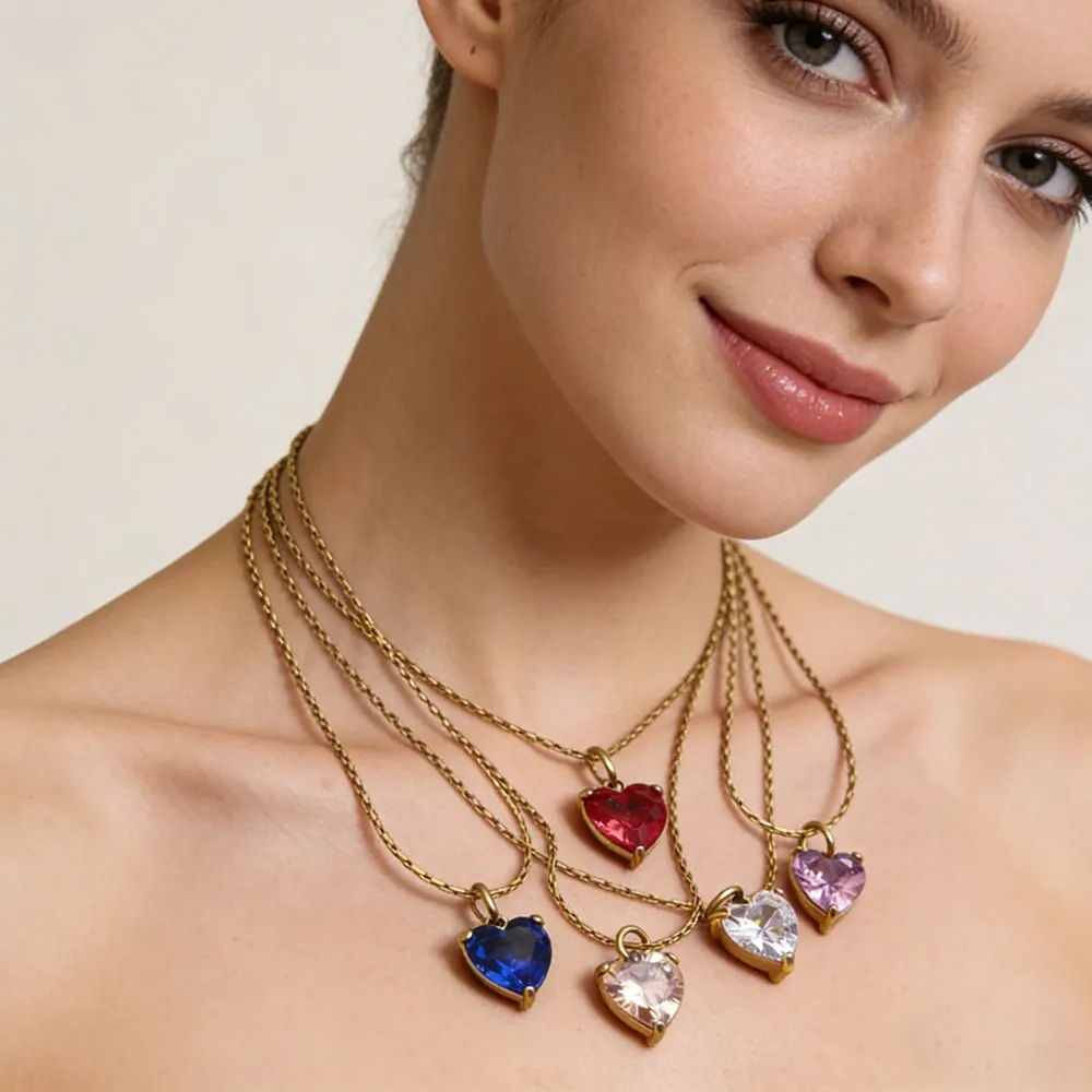 Franse Vintage Roestvrij Stalen Hart Hanger Halsketting Voor Vrouwen 18K Goud Vergulde Zirconia Hart Bedel Halsketting Sieraden Cadeau