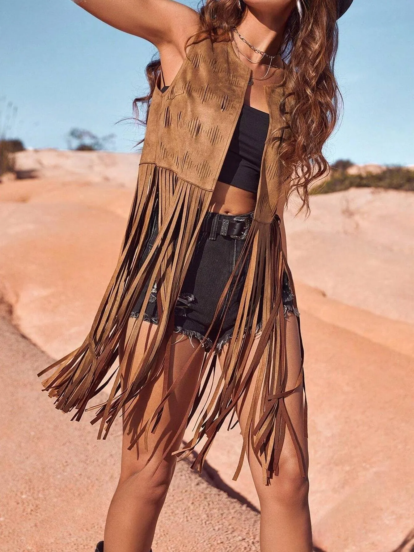 Damen Lange Imitatiesuède Fransen Weste Ärmellose Hippie Quasten Cardigan Vorne Offen Weste Boho Western Cowboy Stil Top