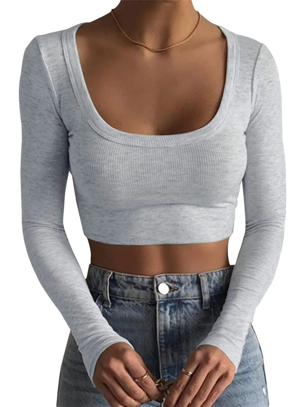 Dames Geribd Katoen Lange Mouw Crop Top Ronde Hals Slim Fit Basis T-Shirt Effen Kleur Mode Streetwear Top