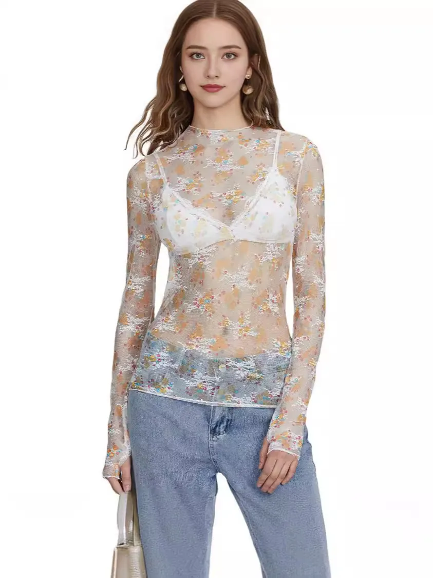 Women Sexy See Through Mesh Lace Floral Top Printed Viscose Long Sleeve Slim Fit Streetwear Casual Hot Girl Tee