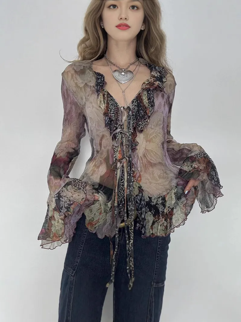 Vintage Kunst Tie-Dye Mesh Oberteil für Damen Rüschen Schnürung Slim Fit Flare Langarm Retro Boho Bluse Oberteil