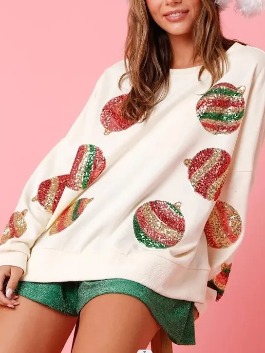 Sweat-shirt de Noël pour Femmes Mélange de Coton Polyester Broderie de Paillettes Patchwork Boule de Noël Col Rond Manches Longues