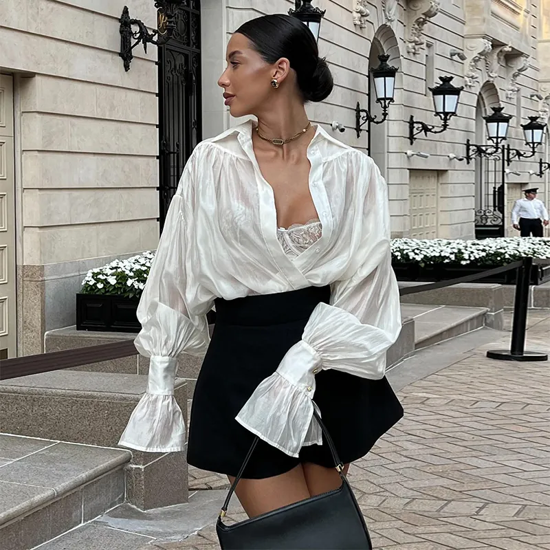 Chemisier Femme Manches Lanternes Oversize Revers Couleur Unie Polyester Soyeux Doux Frais Chemise 2024 Automne Mode Top