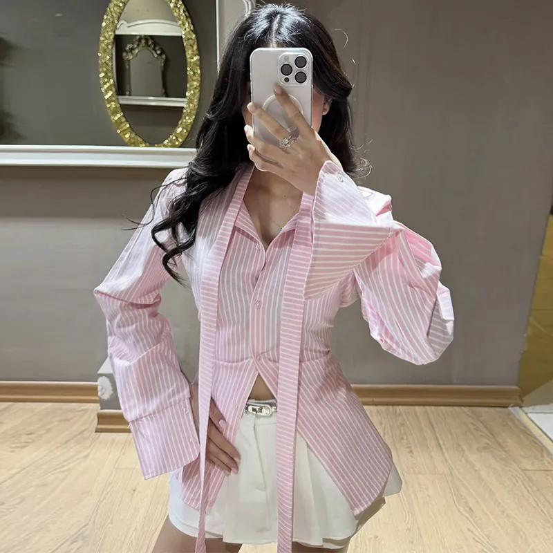 Camisa a Rayas de Manga Larga para Mujer de Corte Ajustado con Solapa y Lazo para Primavera Moda Casual Blusa de Poliéster Ropa