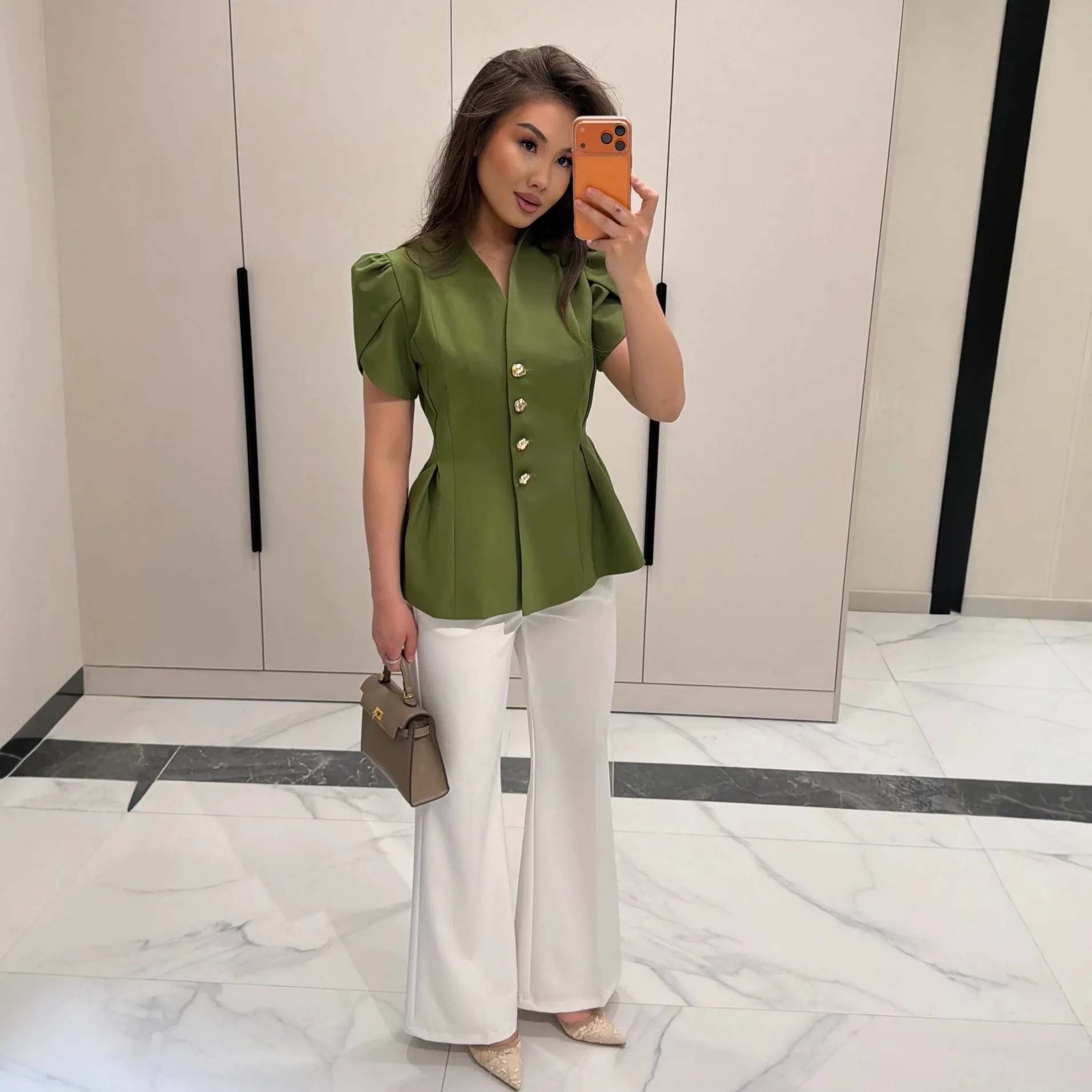 Top Blazer da Donna a Maniche Corte Elegante in Poliestere Tinta Unita Maniche a Sbuffo Camicia Peplum Slim Fit Blusa Ufficio