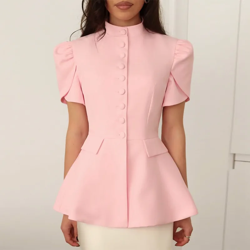 Women Short Sleeve Peplum Blazer Top Stand Collar Button Up Slim Fit Solid Color Elegant Summer Polyester Office Top