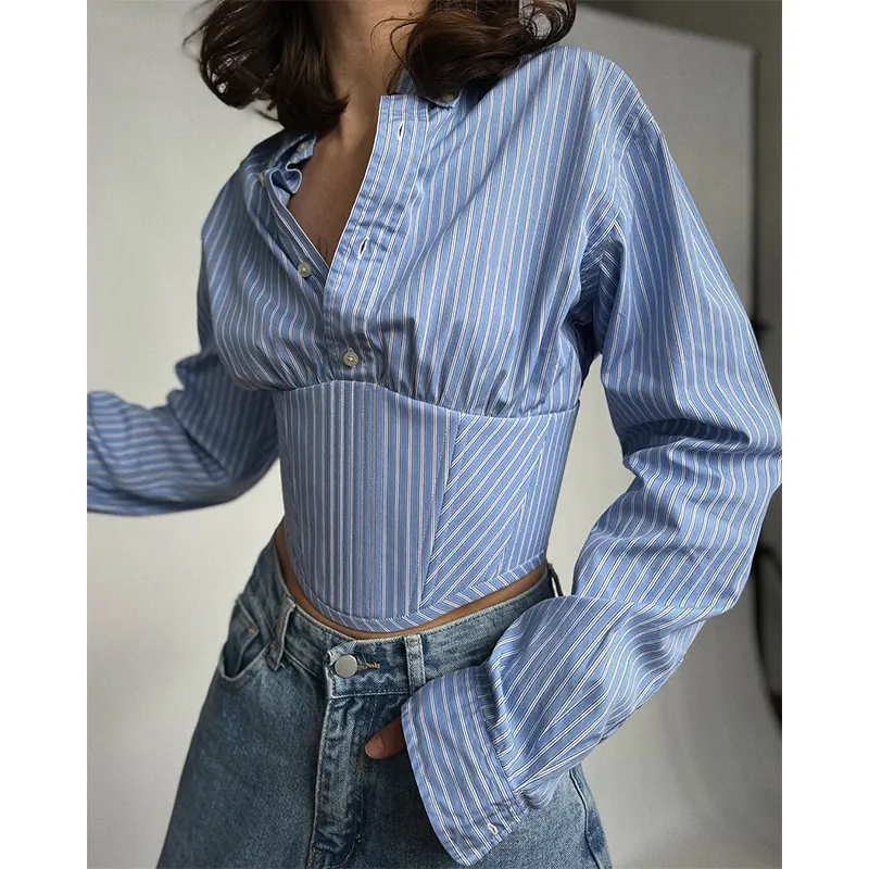 Women Sweet Fresh Striped Lapel Corset Style Waist Cropped Long Sleeve Shirt Button Up Printed Polyester Blouse Top