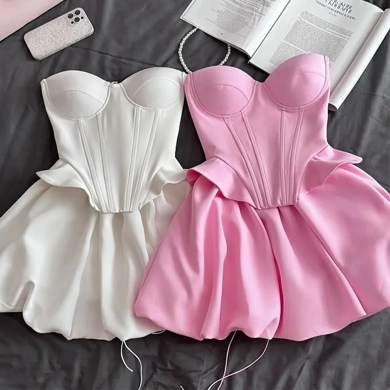 Women Strapless Bustier Corset Top And Balloon Bubble Mini Skirt Co-ords Polyester Solid Color Elegant Sweet Clubwear Outfit
