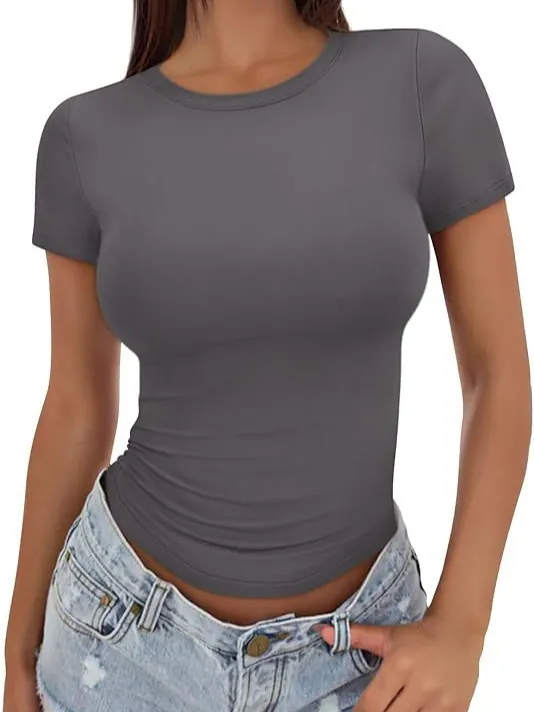 Women's Sexy Slim Fit Solid Color Crew Neck T-Shirt Summer Short Sleeve Polyester Spandex Basic Casual Top