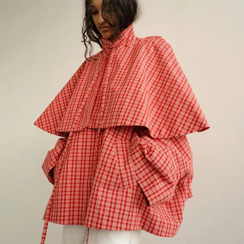 Γυναικείο Καρό Κόκκινο Oversized Πουκάμισο Μοντέρνο Σχέδιο Στυλ Κάπας Τοπ με Μακρύ Μανίκι Πολυεστέρα Χαλαρή Μπλούζα