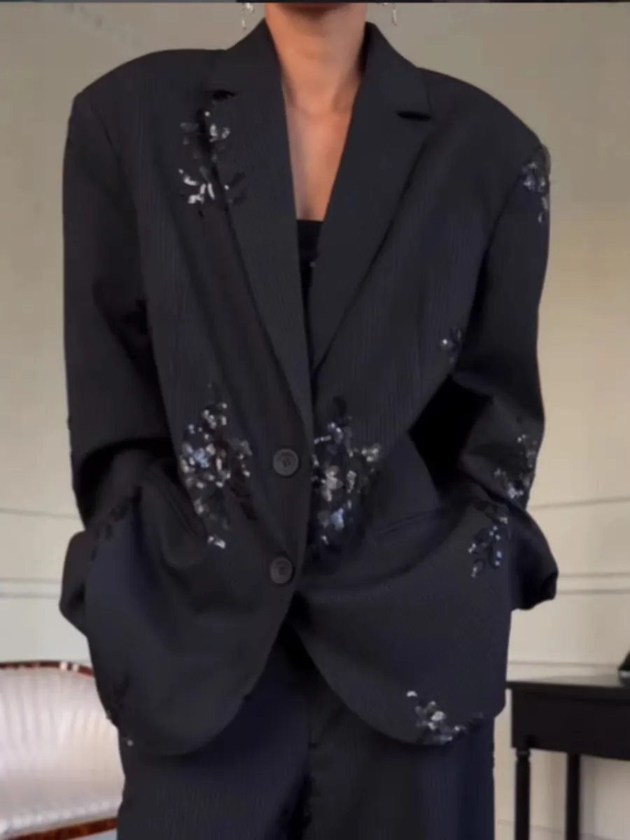 Damen Bestickt Pailletten Blazer Jacke Gerade Hose Anzug Strukturierte Polyester Formelle Top Und Bottom Set