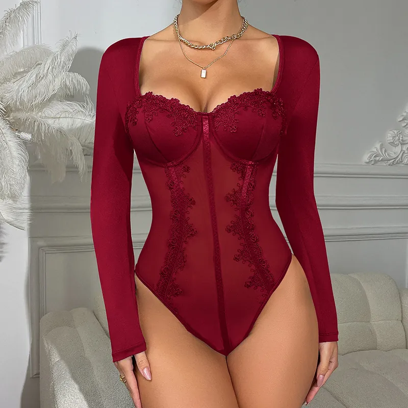 Women Sexy Lace Mesh Bodysuit Long Sleeve Transparent Fishbone Corset Top Slimming Patchwork Lingerie Clubwear