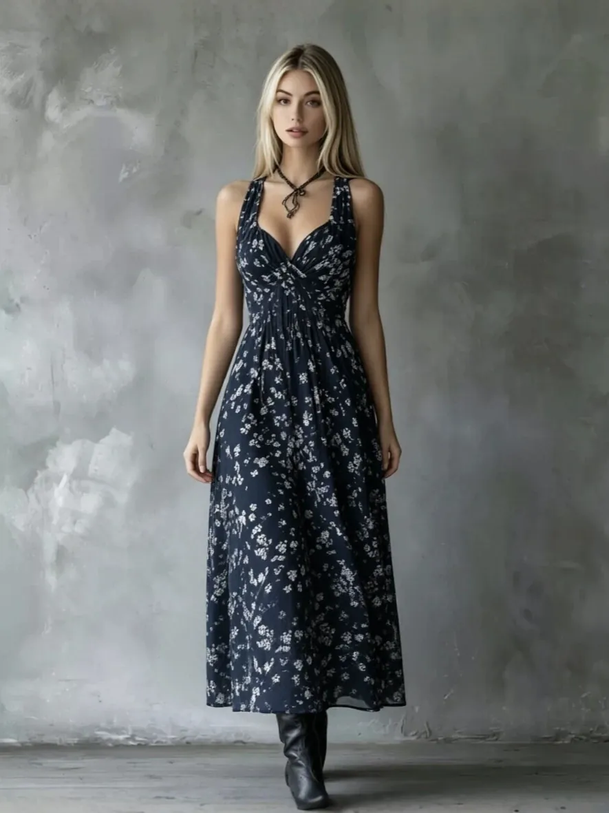 Women Halter V Neck Floral Print Midi Dress Sleeveless Backless High Waist Slim A Line Vacation Beach Party Summer Sundress