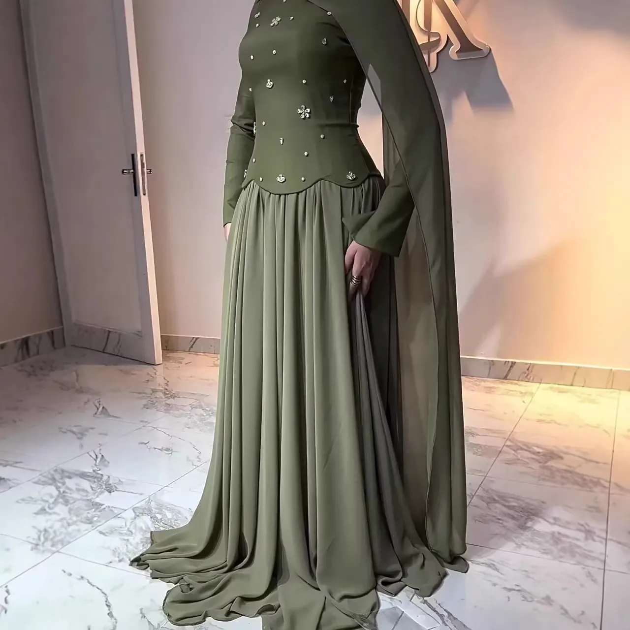 Women Elegant Green Polyester Maxi Dress Ruffle Rhinestone Inlaid Floral Mock Neck Slim Fit Long Sleeve Abaya Style Dress