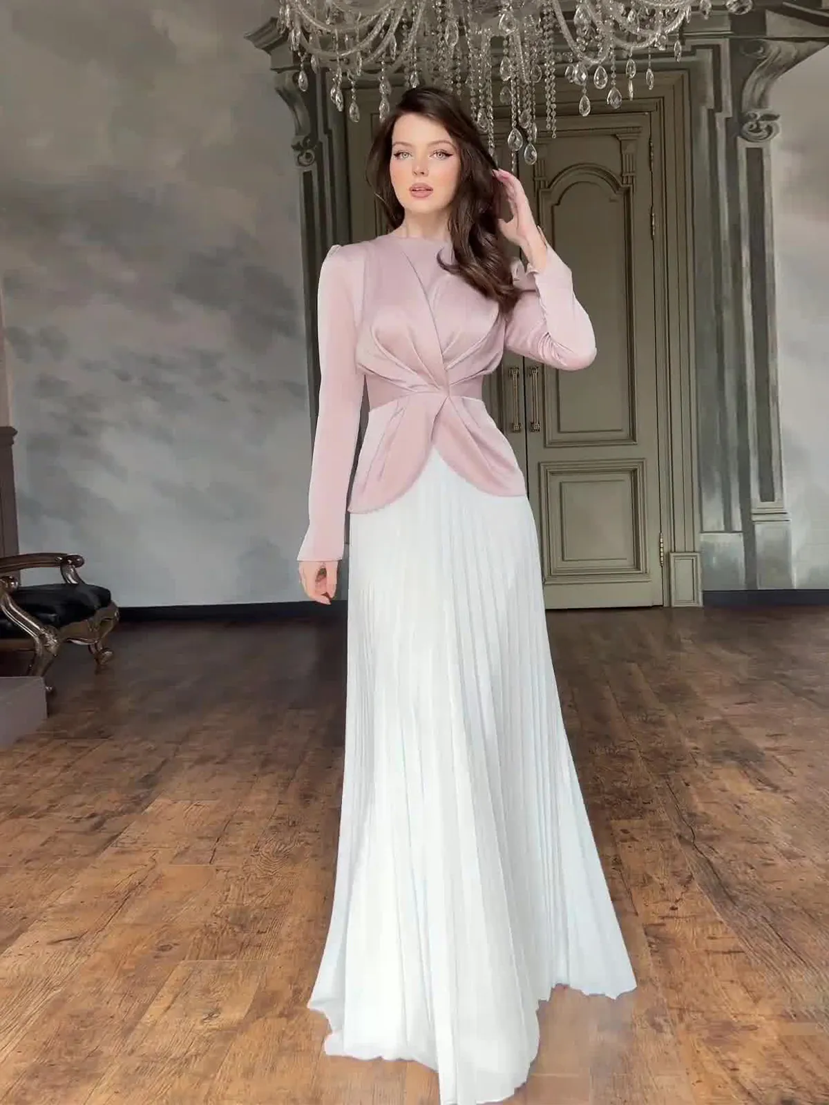 Dames Color Block Maxi Jurk Elegant V-hals Wikkel Lange Mouw Geplisseerd A-lijn Lange Rok Voor Banket Feest Formele Gelegenheden