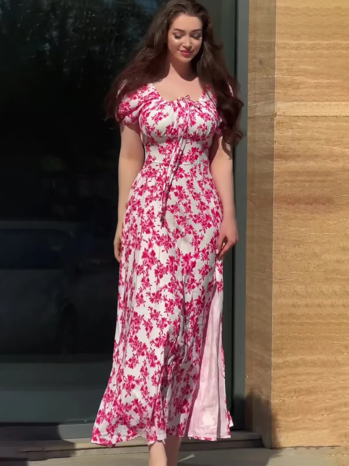 Vestito Maxi da Donna Vintage Stampa Floreale Scollo Quadrato Maniche a Sbuffo Spacco Stile Francese Estate A-Line Vacanza