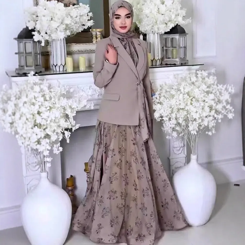 Elegant Women Modest Fashion Set Polyester Blazer And Floral Maxi Skirt Two-Piece Set Modest Dress For Spring Wear