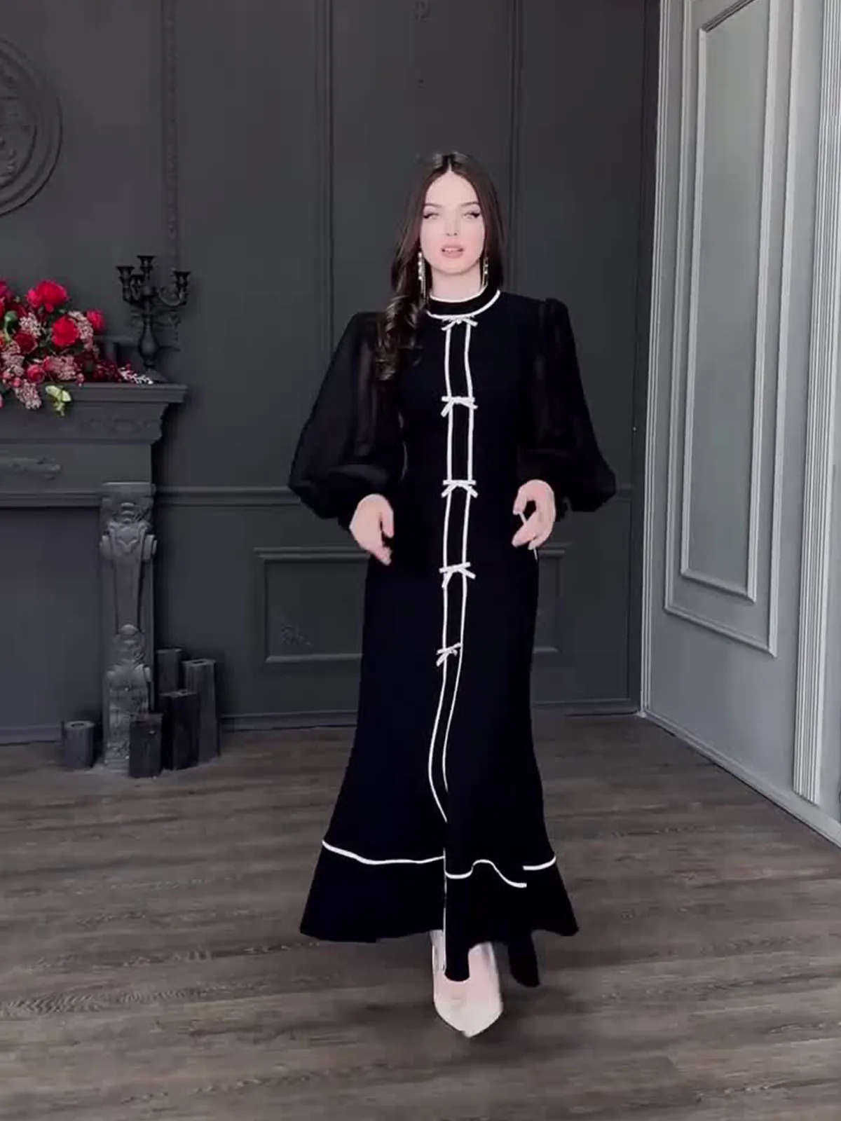 Robe Longue Maxi Élégante en Patchwork avec Nœud et Strass pour Femmes Demi Col Roulé Manches Lanterne Noir Blanc