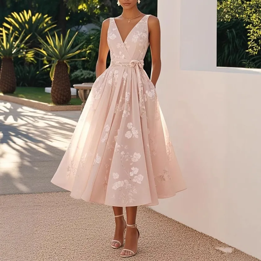 Robe Midi Femme Élégante Col en V Sans Manches Imprimé Floral Numérique Taille Haute Trapèze Soirée Banquet Robe
