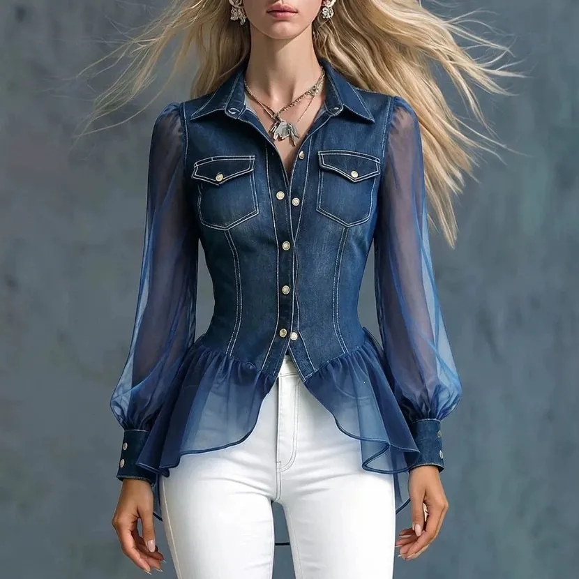 Haut Patchwork Look Denim pour Femmes Col Rabattu Manches Lanternes en Maille Blouse Peplum Décontractée en Polyester à Manches Longues