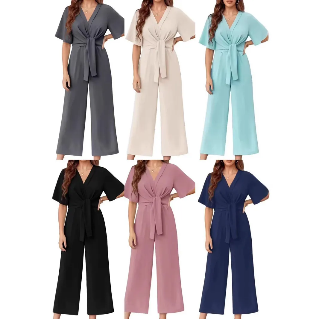 Women's Elegant V-Neck Short Sleeve Rayon Jumpsuit Solid Color Tie Waist Wide Leg Long Pant Romper For Office Casual Summer