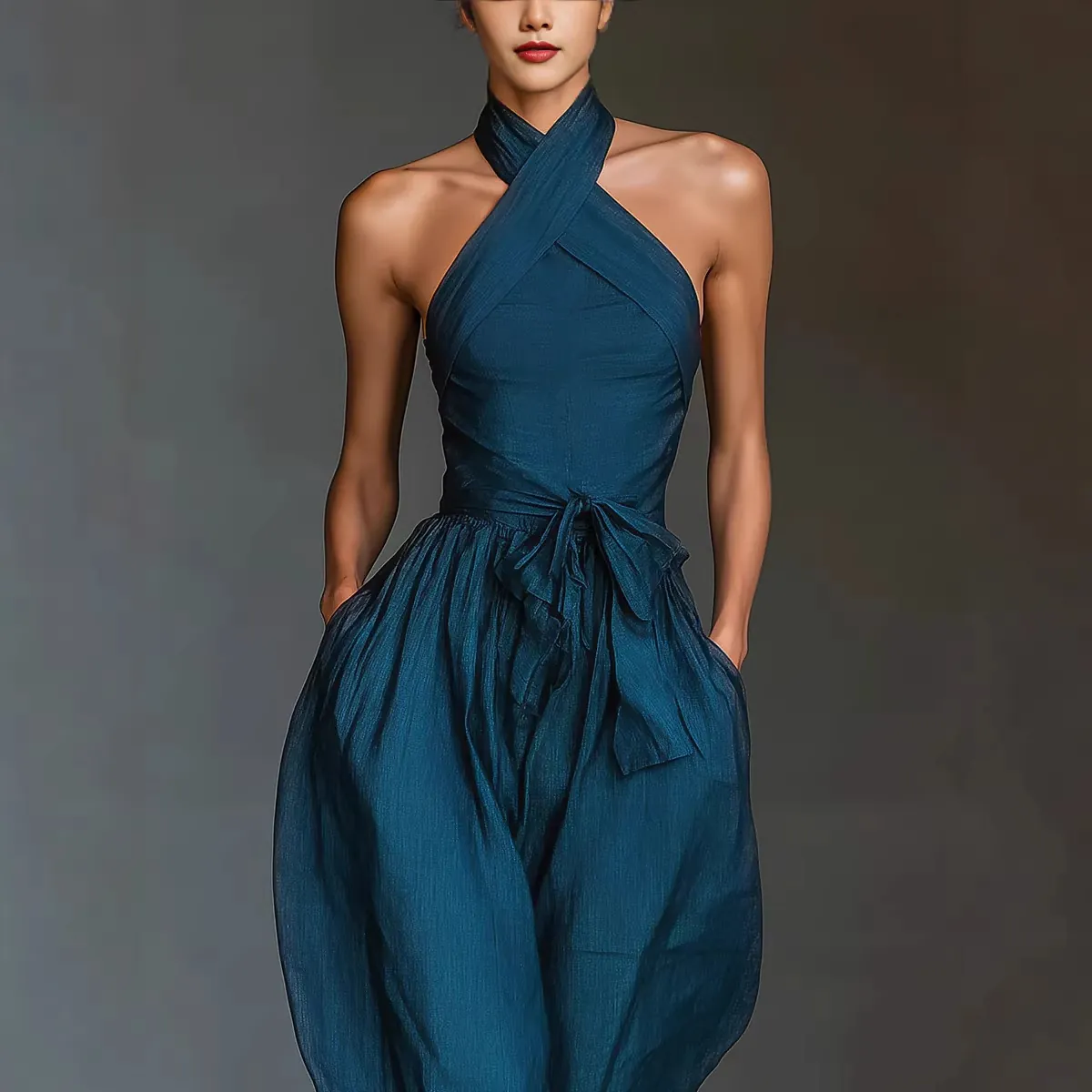 Women Halter Neck Criss Cross Jumpsuit Sleeveless Tie Waist Wide Leg Polyester Jumpsuit Casual Summer Backless Jumpsuit