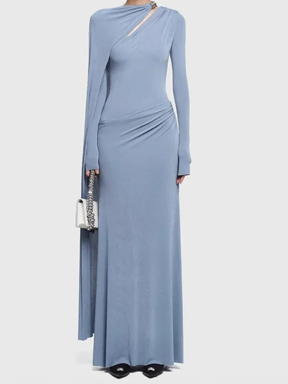 Vestido Maxi Fruncido Asimétrico Elegante Mujer Ajustado Manga Larga Volantes Vestido de Noche Lujo Color Sólido Fiesta Otoño