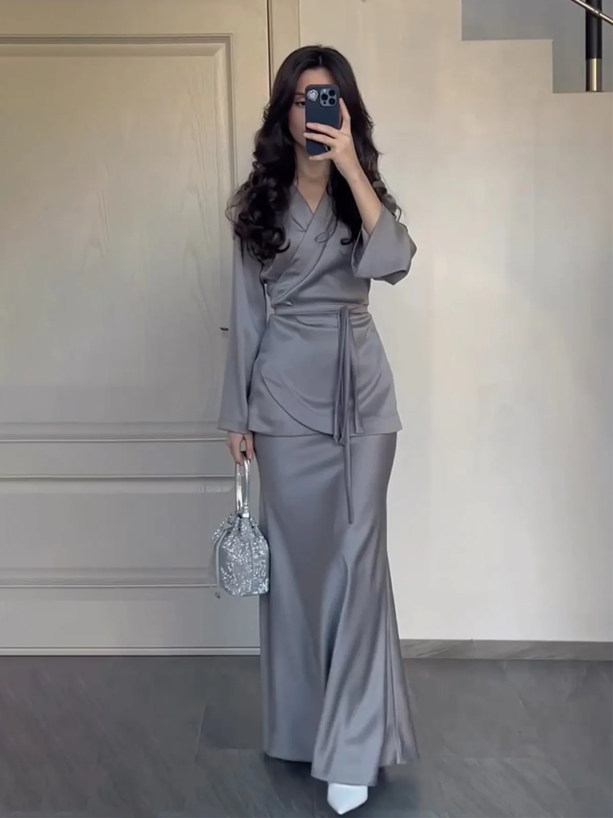 Women Elegant Satin Two Piece Set Long Sleeve Wrap Top And Maxi Skirt V-Neck Tie Waist Socialite Style Spring Outfit