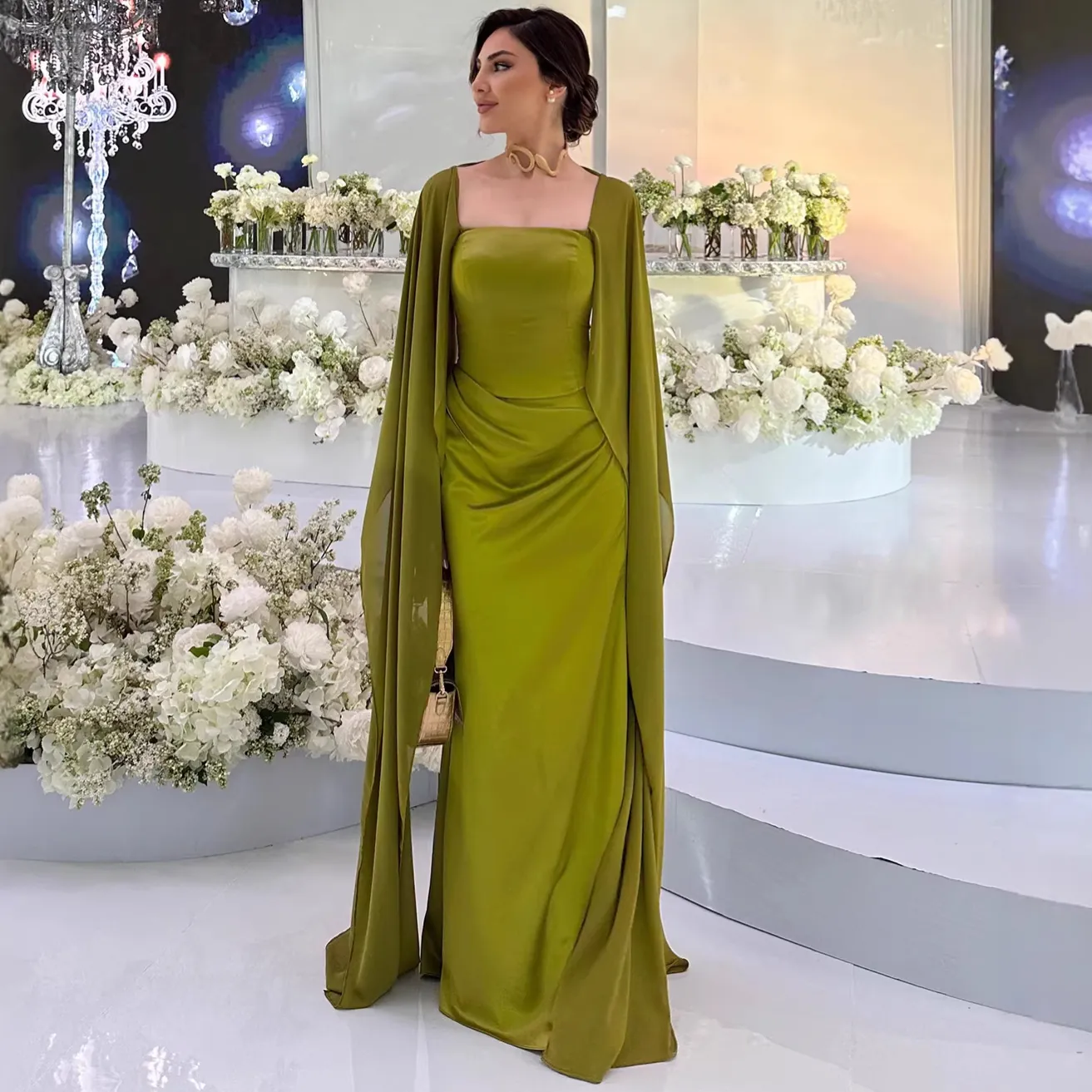 Elegante Dames Satijnen Maxi Jurk Met Sjaal Cape Geplooide Avondjurk Voor Bruiloft En Formele Gelegenheden