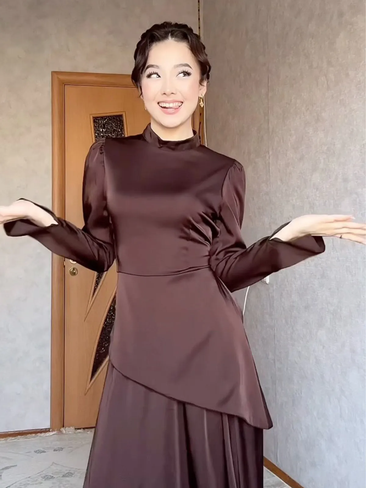 Vestido Maxi de Satén Elegante para Mujer de Manga Larga Ajustado Exótico con Vendaje de Color Sólido para Fiesta