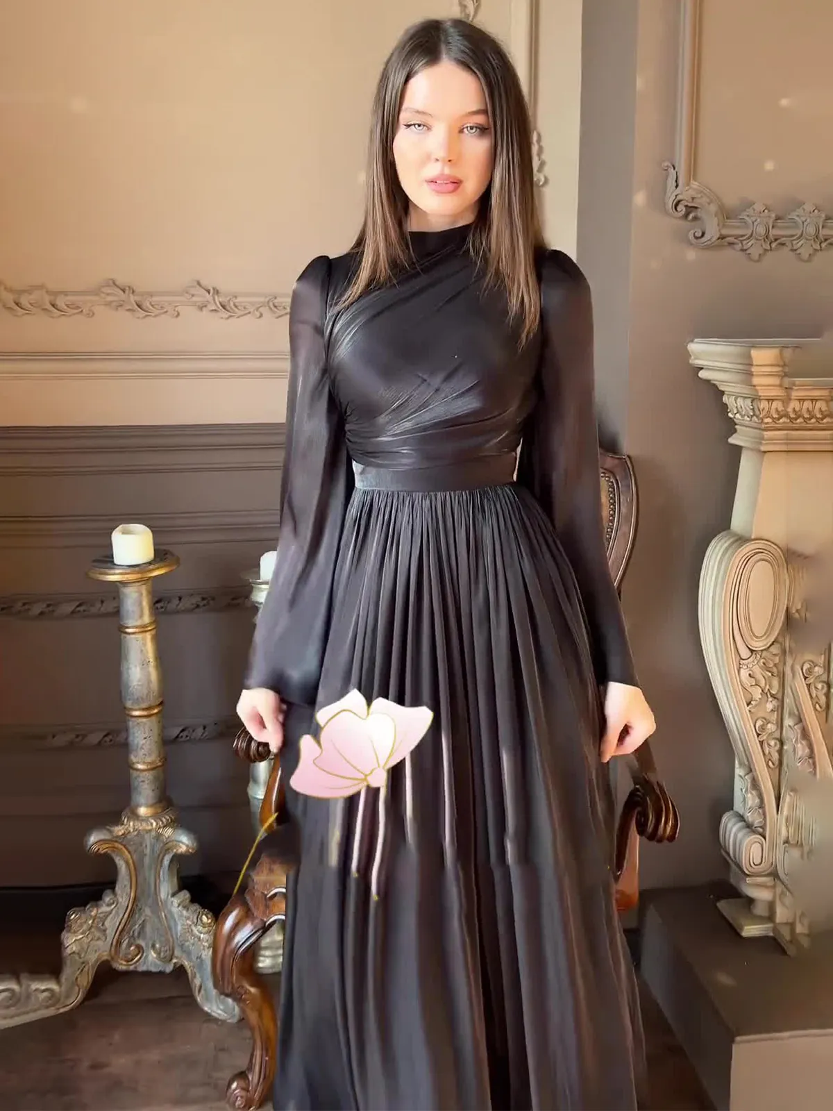 Robe Maxi Plissée à Col Montant pour Femme Style Français Manches Longues Taille Nouée Coupe Slim Polyester Mercerisé Robe de Navette Élégante
