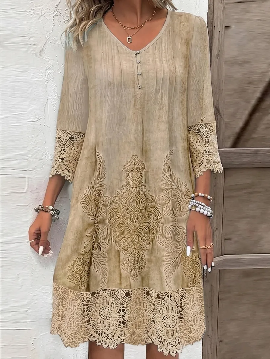 Women Plus Size V-Neck Midi Dress With Shirred Detail Lace Patchwork Vintage Printed Commuter Bohemian A-Line Dress