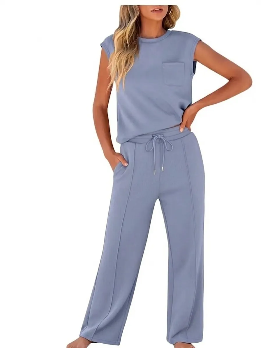 Mujer Casual Sin Mangas Cuello Redondo Top And Bottom Color Sólido Ropa Deportiva Punto Chaleco Pantalones de Pata Ancha Moda Atuendo