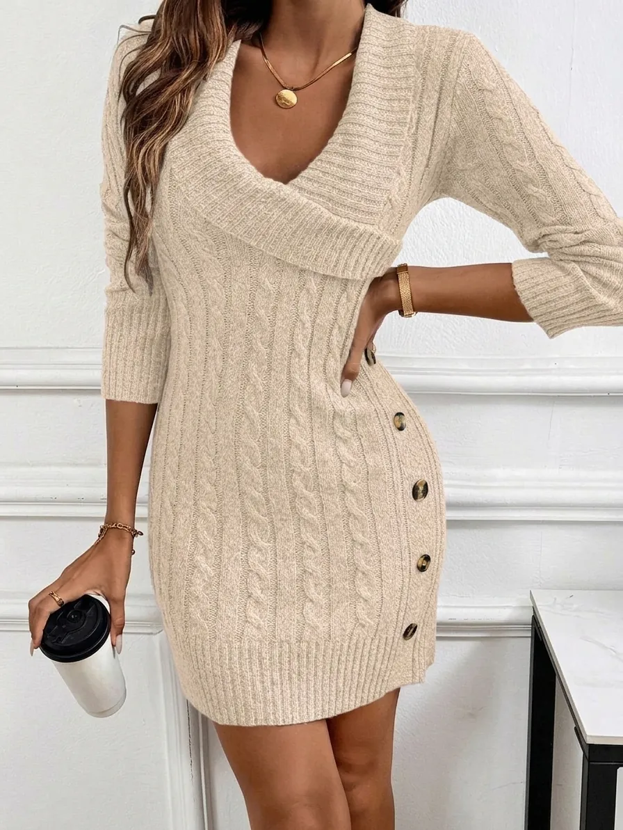 Women Sexy Cable Knit Bodycon Mini Dress Wrap V-Neck Long Sleeve Sweater Dress With Decorative Buttons Autumn Winter Clothing