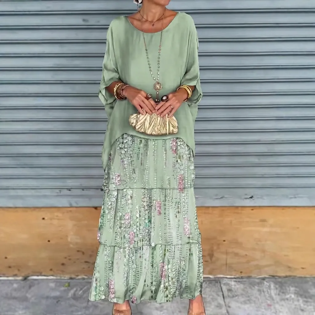 Women Casual Two-Piece Set Top And Bottom Solid Color Round Neck Long Sleeve Loose Top Tiered Floral Skirt Bohemian Spandex Polyester Vacation Set