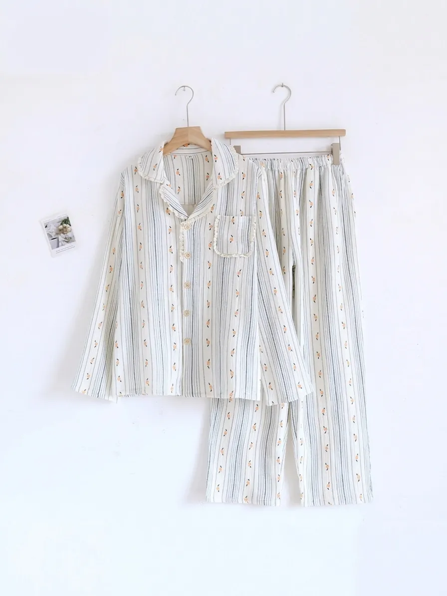 Women Floral Printed Cotton Gauze Top And Bottom Long Sleeve Button Down Shirt Elastic Waist Pants Casual Sleepwear