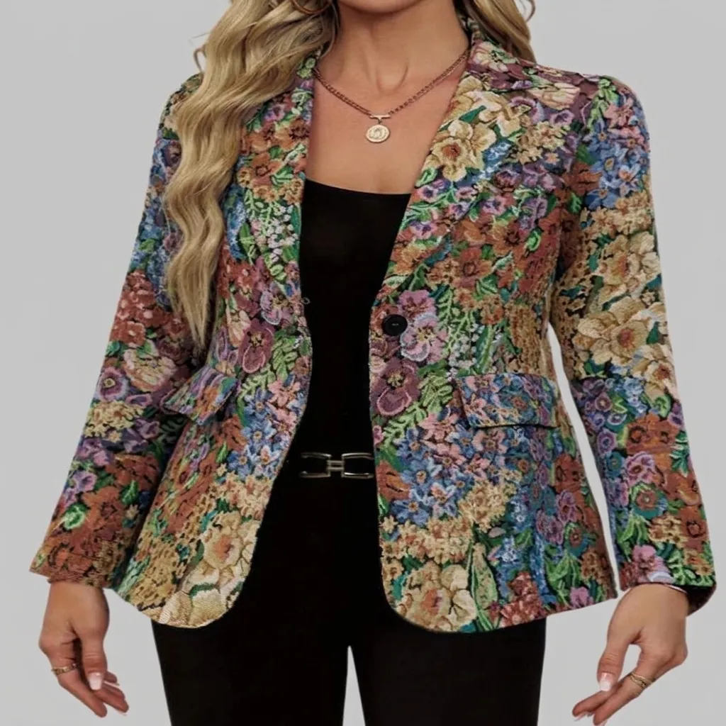 Women Elegant Floral Print Blazer Polyester Single Button Notched Lapel Long Sleeve Mid Length Office Suit Jacket Top