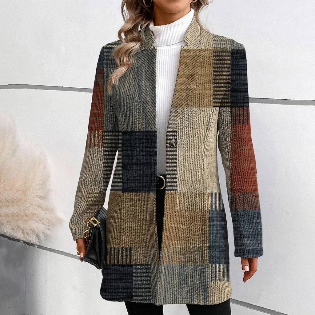 Damen Vintage Karomuster Blazer Patchwork Revers Langarm Ein-Knopf Viskose Anzug Oberbekleidung Für Büro Damen