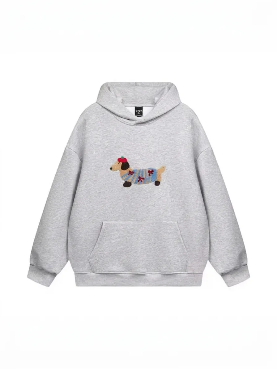 Felpa con Cappuccio Donna Casual Bassotto Cartoon Ricamato Pullover Largo Manica Lunga con Tasca a Marsupio